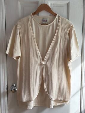 Vintage Stefano International Layered Vest Top Womens 14/16 Cream Ribbed USA 90s